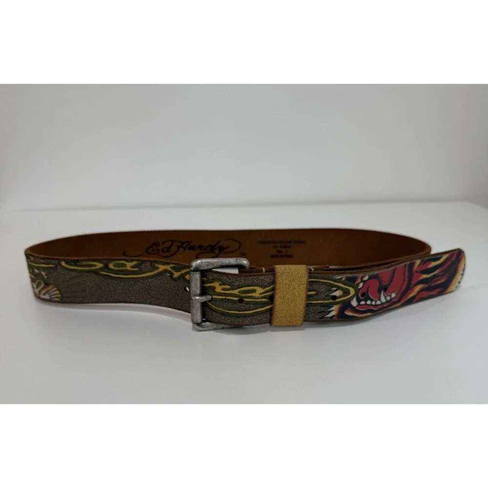 Ed Hardy‎ Distressed Panther Graphic Leather Belt Men's Sz Small